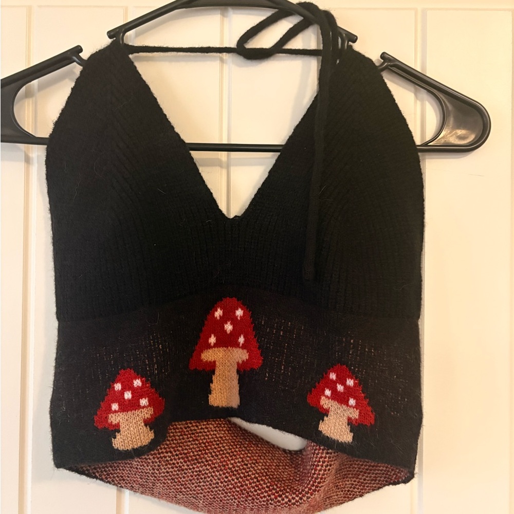 Black Halter Top with Red Mushroom Design